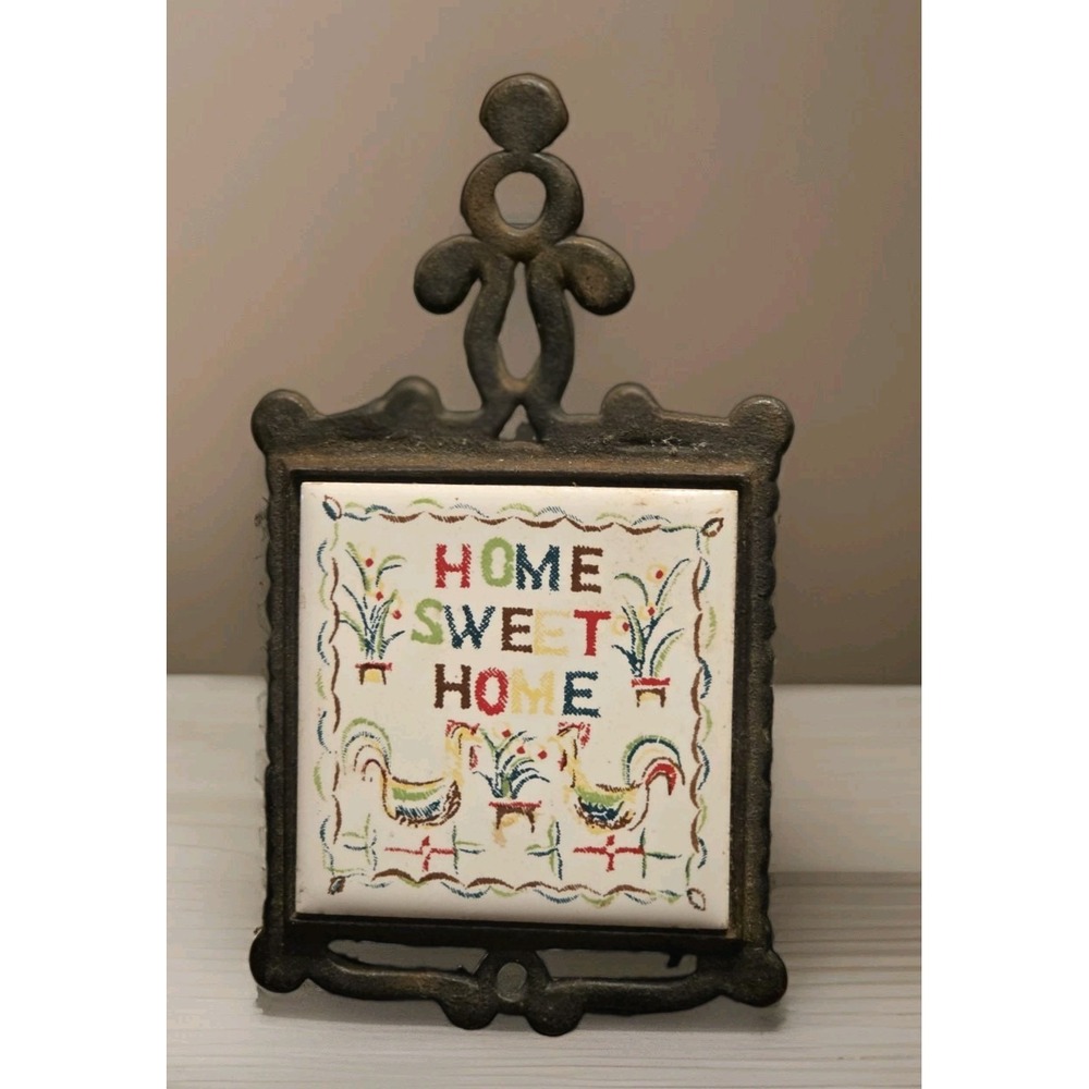 Vintage Cast Iron Trivet Wall Hanging Chicken Ceramic Tile Floral Kitchen Decor